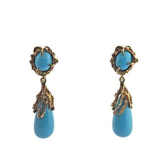 1970s 14k Gold Turquoise Free Form Earrings