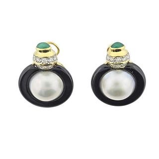 1980s Gold Onyx Diamond Emerald Pearl Earrings
