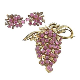 18k Gold Diamond Pink Sapphire Brooch Earrings Set