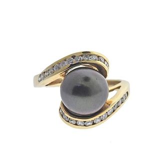 14k Gold Diamond Pearl Bypass Ring