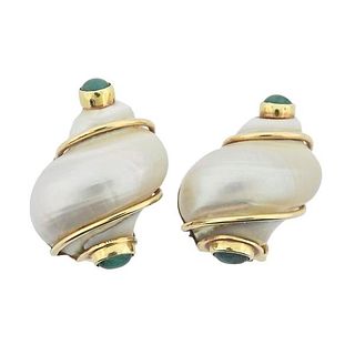 Seaman Schepps Vintage 14k Gold Turbo Shell Emerald Earrings