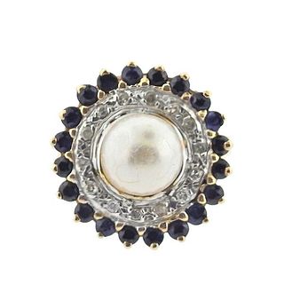 14k Gold Diamond Sapphire Pearl Ring