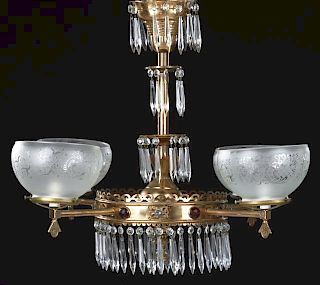 American Brass Prism Hung Four Light Gasolier, c.