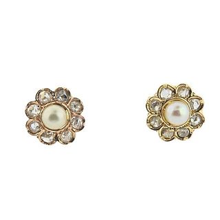 18k Gold Rose Diamond Pearl Stud Earrings