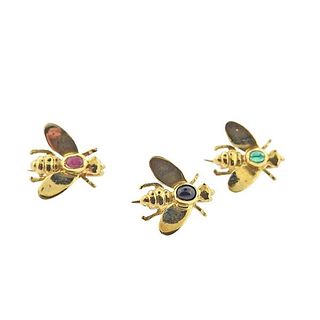 18k Gold Multi Gemstone Bee Insect Brooch Pin Lot of 3