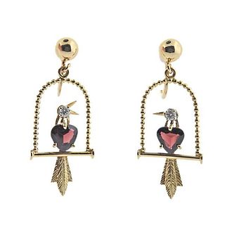 Retro 14k Gold Diamond Garnet Bird Earrings