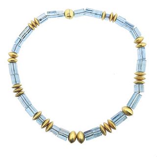18k Gold Aquamarine Crystal Beaded Necklace 
