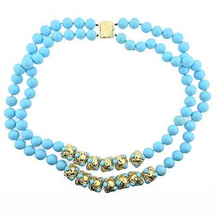 18K Gold Turquoise Bead Two Strand Necklace  