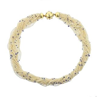 18k Gold Diamond Seed Pearl Sapphire Multi Strand Necklace 