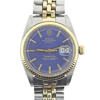 Vintage Rolex Datejust Yellow Gold Steel Blue Tiffany &amp; Co. Dial Men&#39;s Watch 