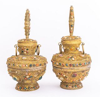 Tibetan Gilt Gem-Set Filigree Caskets, Pair