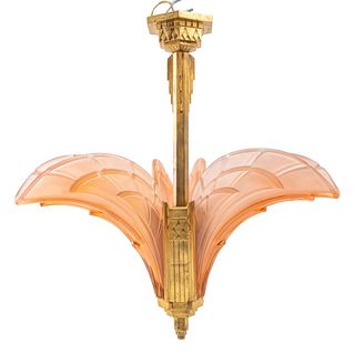 French Art Deco Pink Glass Feather Chandelier