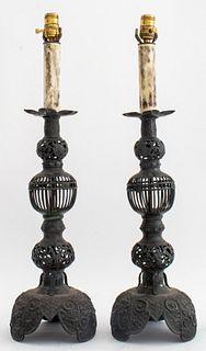 Chinese Bronze Cage Form Altar Candlestick-Lamps