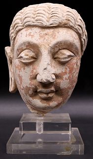 Early Chinese Stucco Head on a Lucite Base.