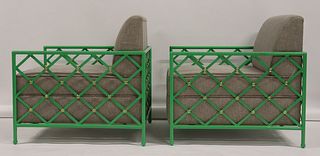 A Pair Of Green Enameled Metal Cube Chairs.