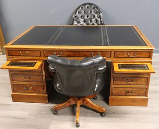 Vintage Yew Wood Leathertop Partners Desk & Chairs