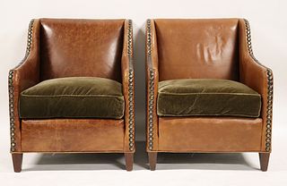 A Vintage Pr of Leather Upholstered & Studded