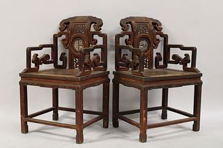 An Antique Pr of Chinese Carved Hardwood Armchairs