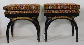 A Pair Of Fine Ebonised & Upholstered Benches.