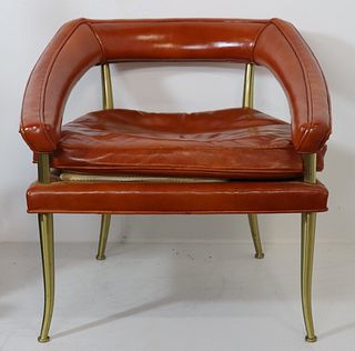Midcentury Leather Upholstered Chair with Brass