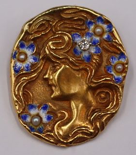 JEWELRY. Signed Art Nouveau 14kt Gold, Enamel,