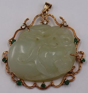JEWELRY. 14kt Gold Mounted Carved Jade Pendant.