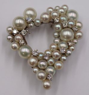 JEWELRY. 14kt Gold, Diamond and Pearl Heart Brooch