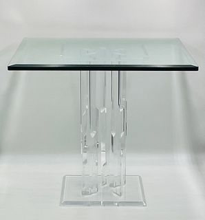 Lucite & Glass Center Table, Stunning Faceted Lucite Pedestal & Beveled Glass