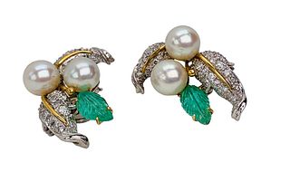 Pair of 18K Carved Emerald, Diamond & Pearl Earrin