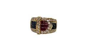 Sapphire, Ruby And Diamond Belt Design Ring