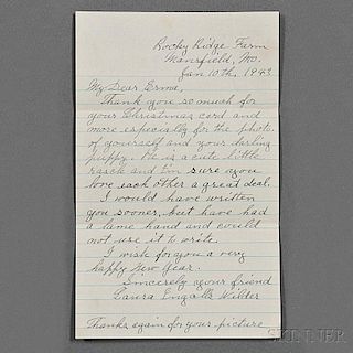 Wilder, Laura Ingalls (1867-1957) Autograph Letter Signed, 10 January 1943.
