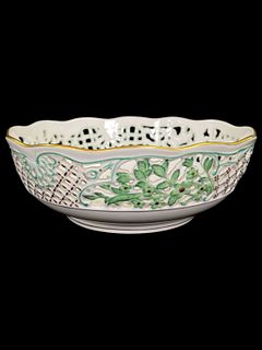 HEREND Chinese Bouquet Green Openwork Bowl 7 1/2"