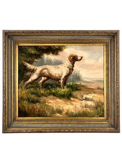 19TH C.FRENCH HUNTING DOG OIL ON CANVAS PAINTING