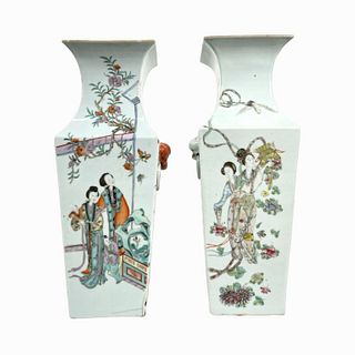 Pair Antique Chinese Famille Rose Square Vases
