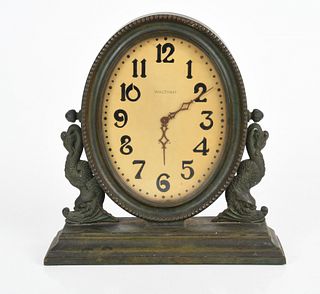 Waltham Art Deco Patinated Bronze Library Clock