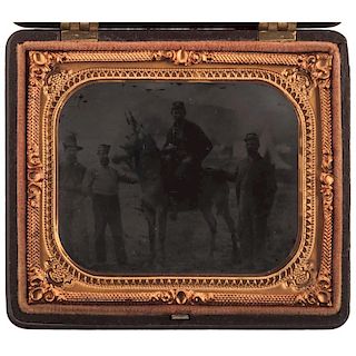 Sixth Plate Ruby Ambrotype of Four Union Soldiers and a Mule