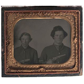 Civil War Sixth Plate Ruby Ambrotype of Pistol Packing Pards