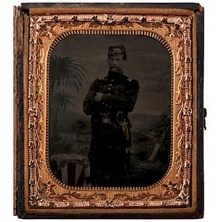 Sixth Plate Tintype of Officer in Front of Palm Tree