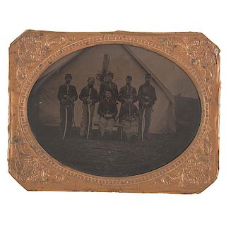 Civil War Half Plate Tintype of Soldiers at Camp, Some Smoking Pipes