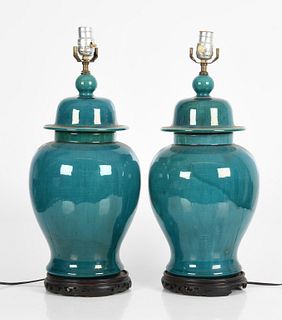 Pair of Asian Turquoise Glazed Jars as Lamps