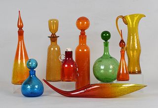 Group of nine Blenko crackle glass vessels