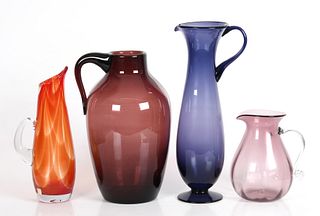 Four large Blenko glass jugs and pitchers