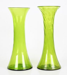 A pair of large Blenko glass green vases