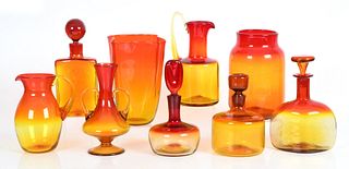 Group of nine Blenko glass tangerine table articles