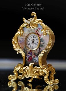 19th C. Austrian Viennese Enamel Bronze Miniature Clock