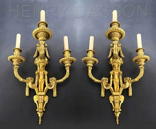Large Pair of Henry Dasson Bronze Sconces, Signed