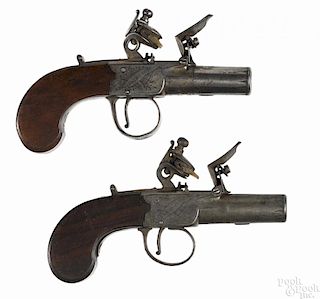 Matched pair of Ward of Warrington flintlock muff pistols, approximately .48 caliber