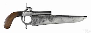 Single shot percussion knife pistol, approximately .44 caliber, with plain hardwood grips
