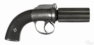 British six-barrel, bar hammer percussion pepperbox pistol, .36 caliber