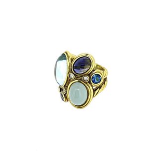 David Yurman  18k Gold Mosaic Diamond Topaz Amethyst Sapphire Ring Size 6